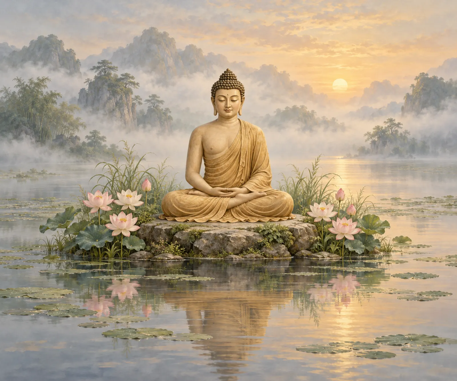 Buddha by the Lotus Pond wall tapestry artwork