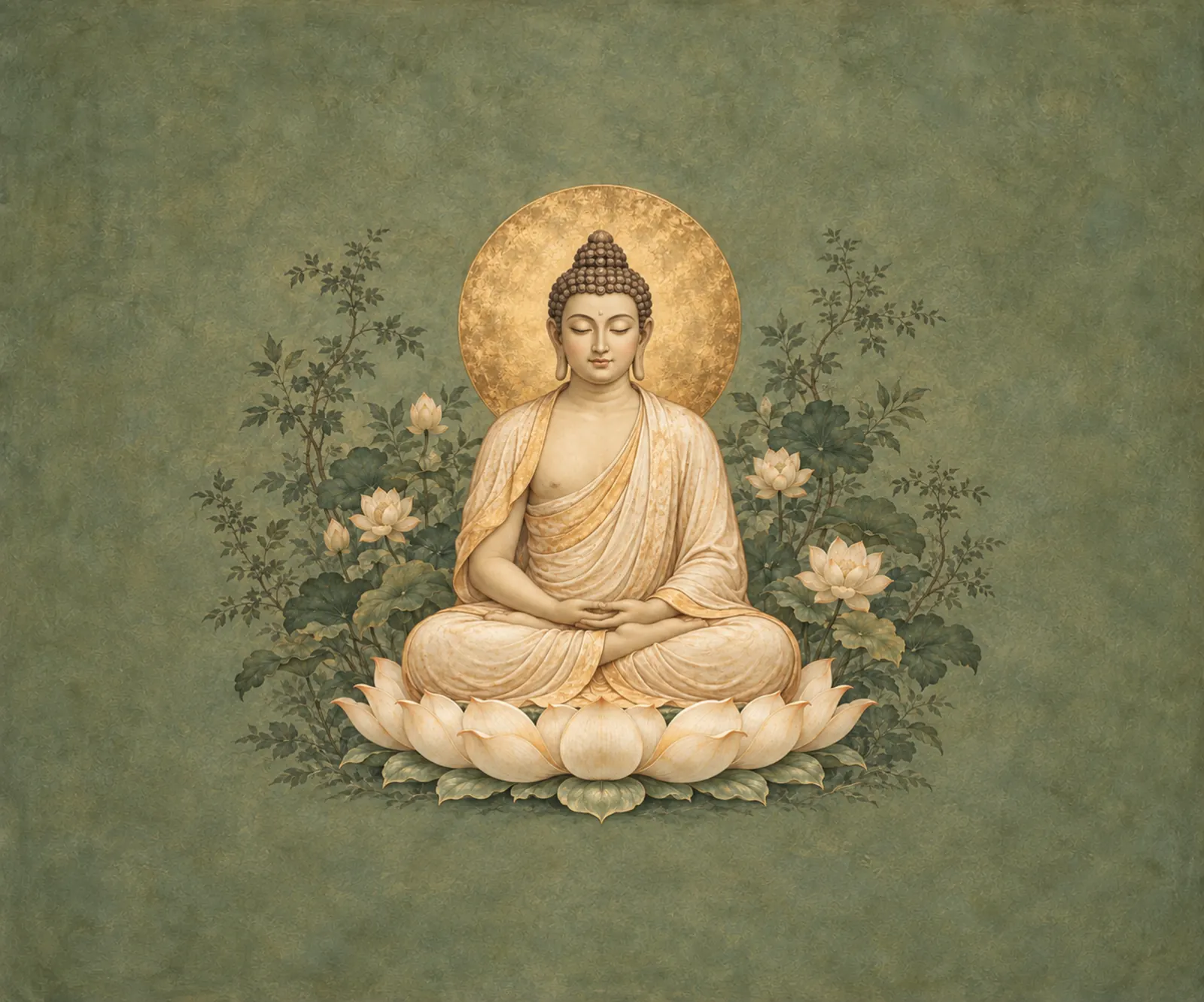 Buddha in Sage and Gold wall tapestry artwork