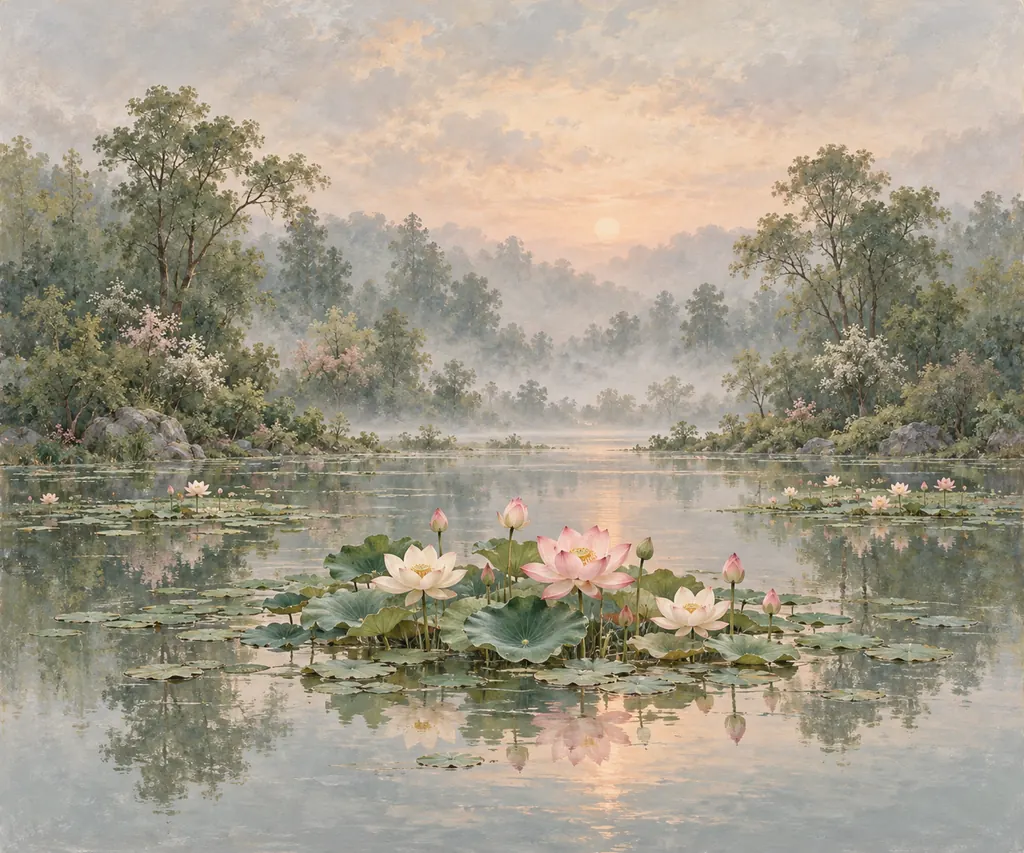 Misty Woodland Lotus Pond wall tapestry artwork