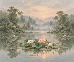 Misty Woodland Lotus Pond