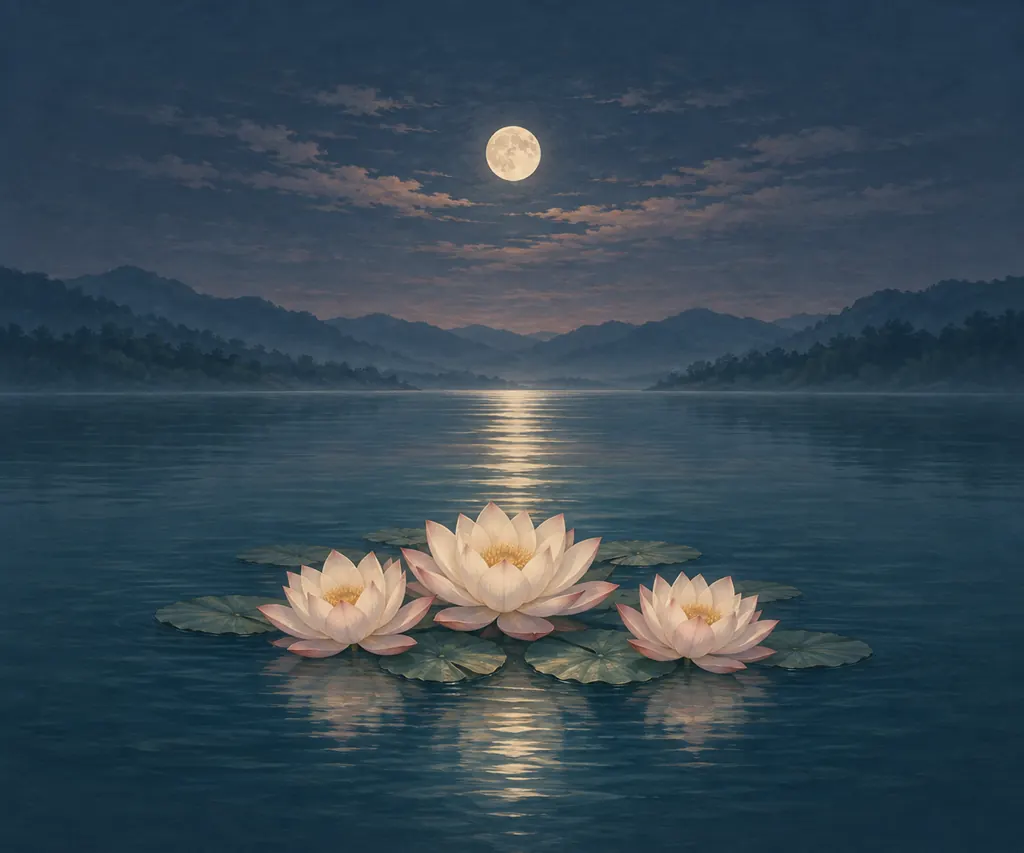 Moonlit Lotus Lake wall tapestry artwork