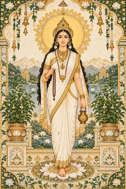 Brahmacharini Goddess in Ornate Temple Garden