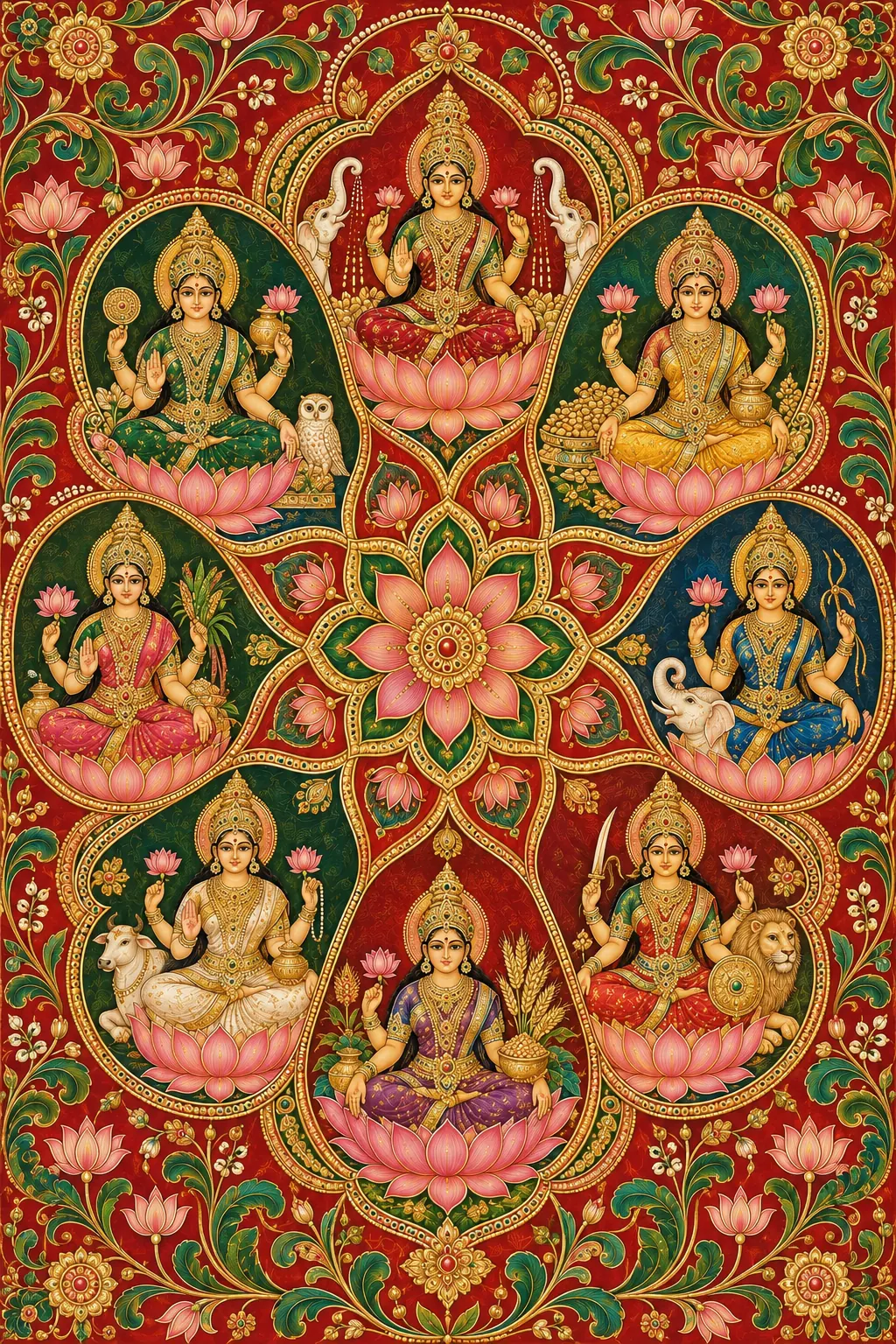 Eight Goddesses in a Golden Lotus Mandala wall tapestry artwork