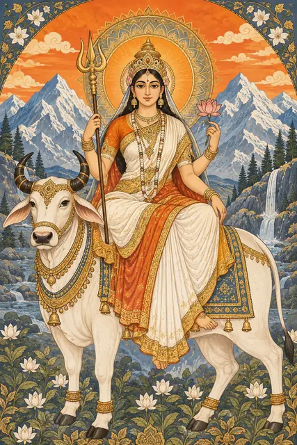 Goddess and Sacred Bull Amid Himalayan Splendour