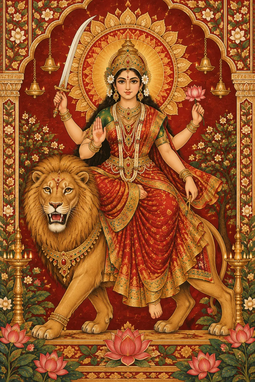 Goddess Durga Riding the Lion wall tapestry artwork