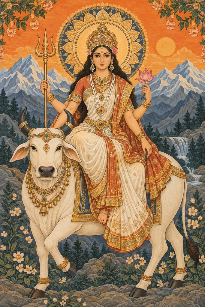 Goddess Durga Riding the Sacred Bull wall tapestry artwork