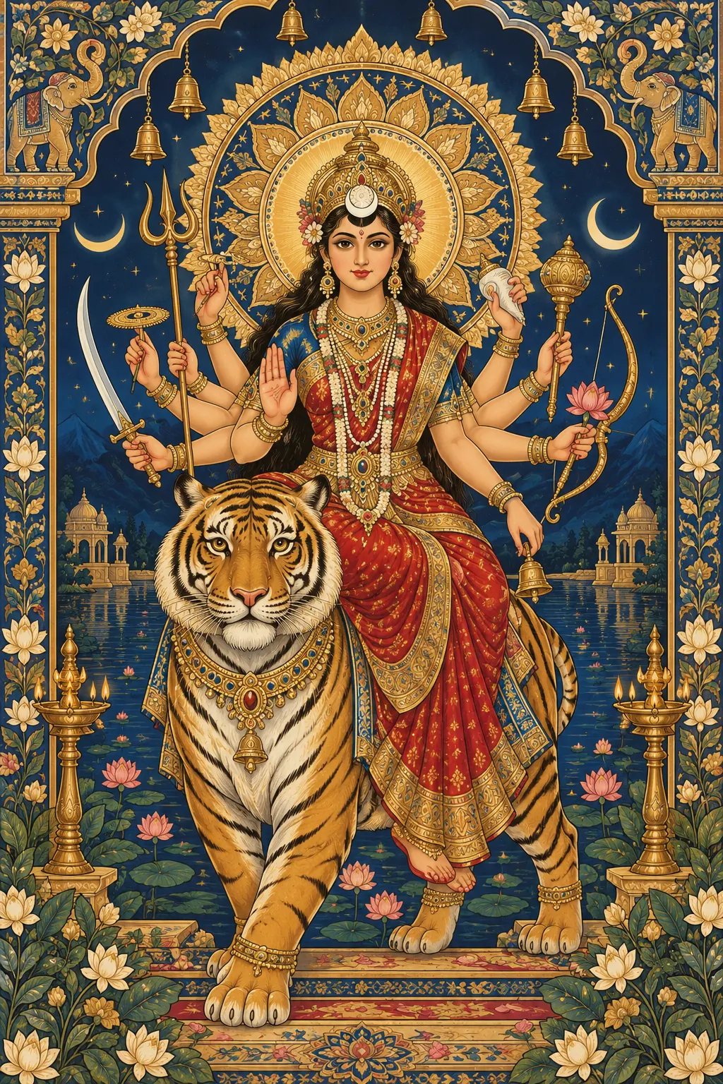 Ornate Chandraghanta with Tiger and Halo wall tapestry artwork