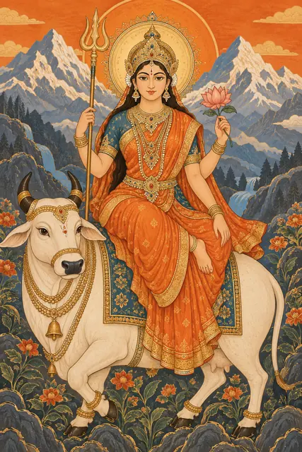 Ornate Goddess Parvati on Sacred Bull