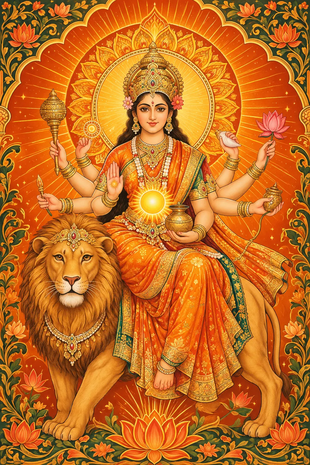 Radiant Durga on the Lion wall tapestry artwork