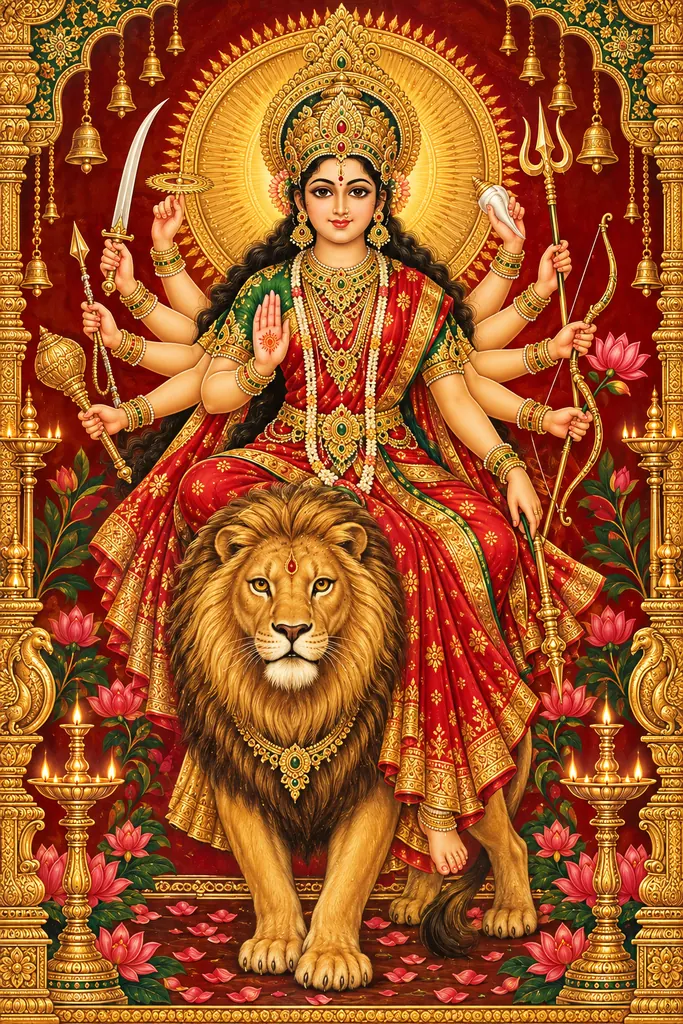 Radiant Durga with Lion and Sacred Symbols wall tapestry artwork