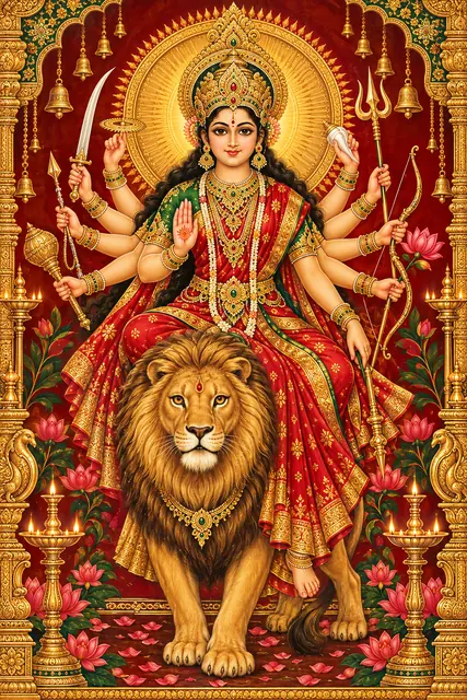 Radiant Durga with Lion and Sacred Symbols