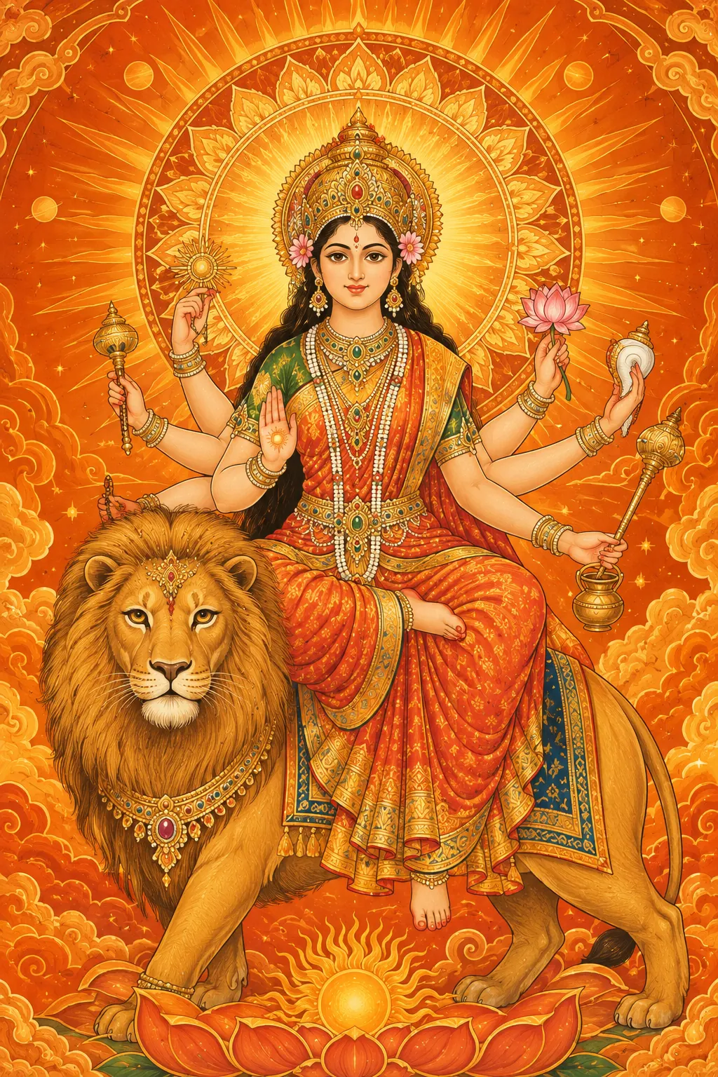 Radiant Goddess Durga on a Lion wall tapestry artwork