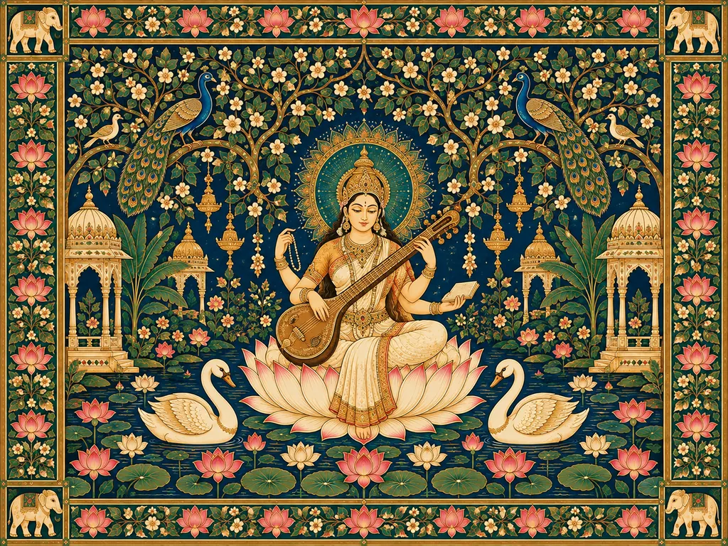 Saraswati in a Golden Lotus Garden wall tapestry artwork