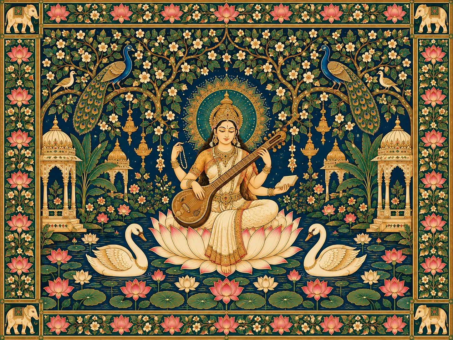 Saraswati in a Golden Lotus Garden wall tapestry artwork