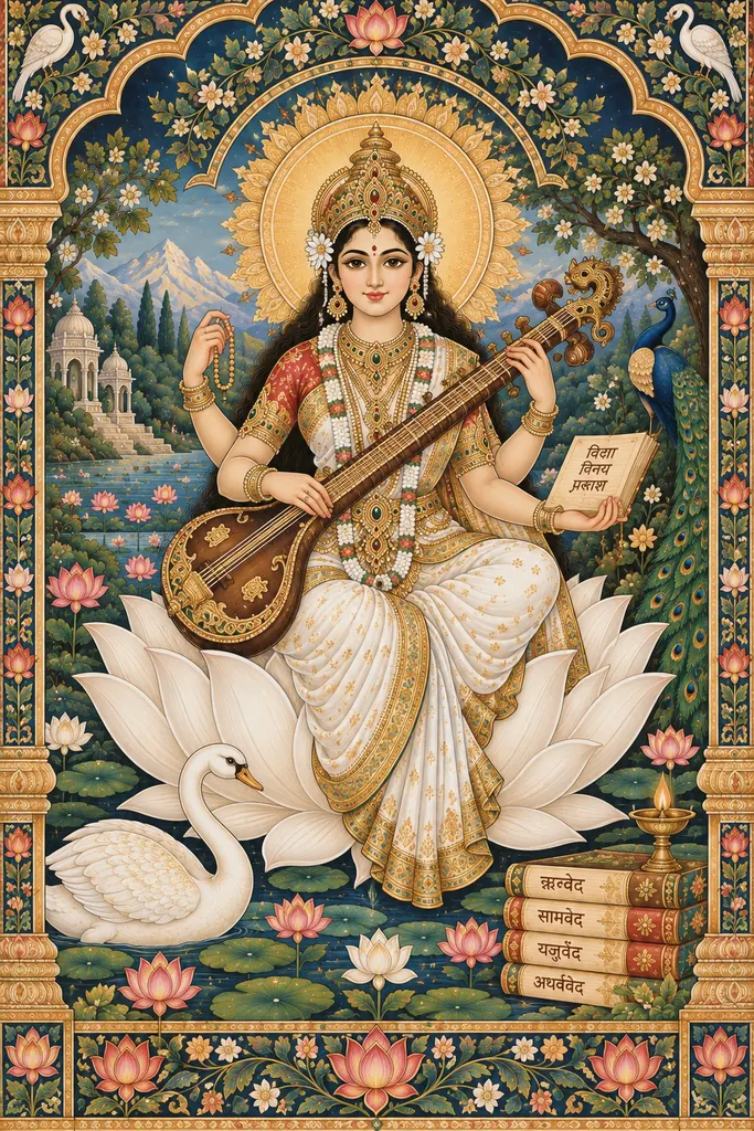 Saraswati in a Sacred Lotus Garden wall tapestry artwork