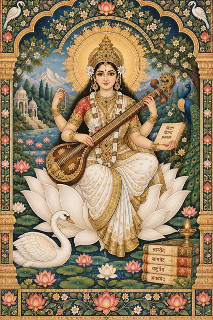 Saraswati in a Sacred Lotus Garden