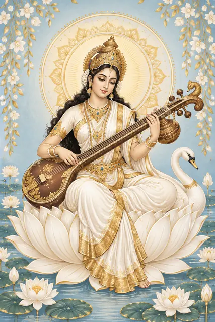 Saraswati on a Golden Lotus