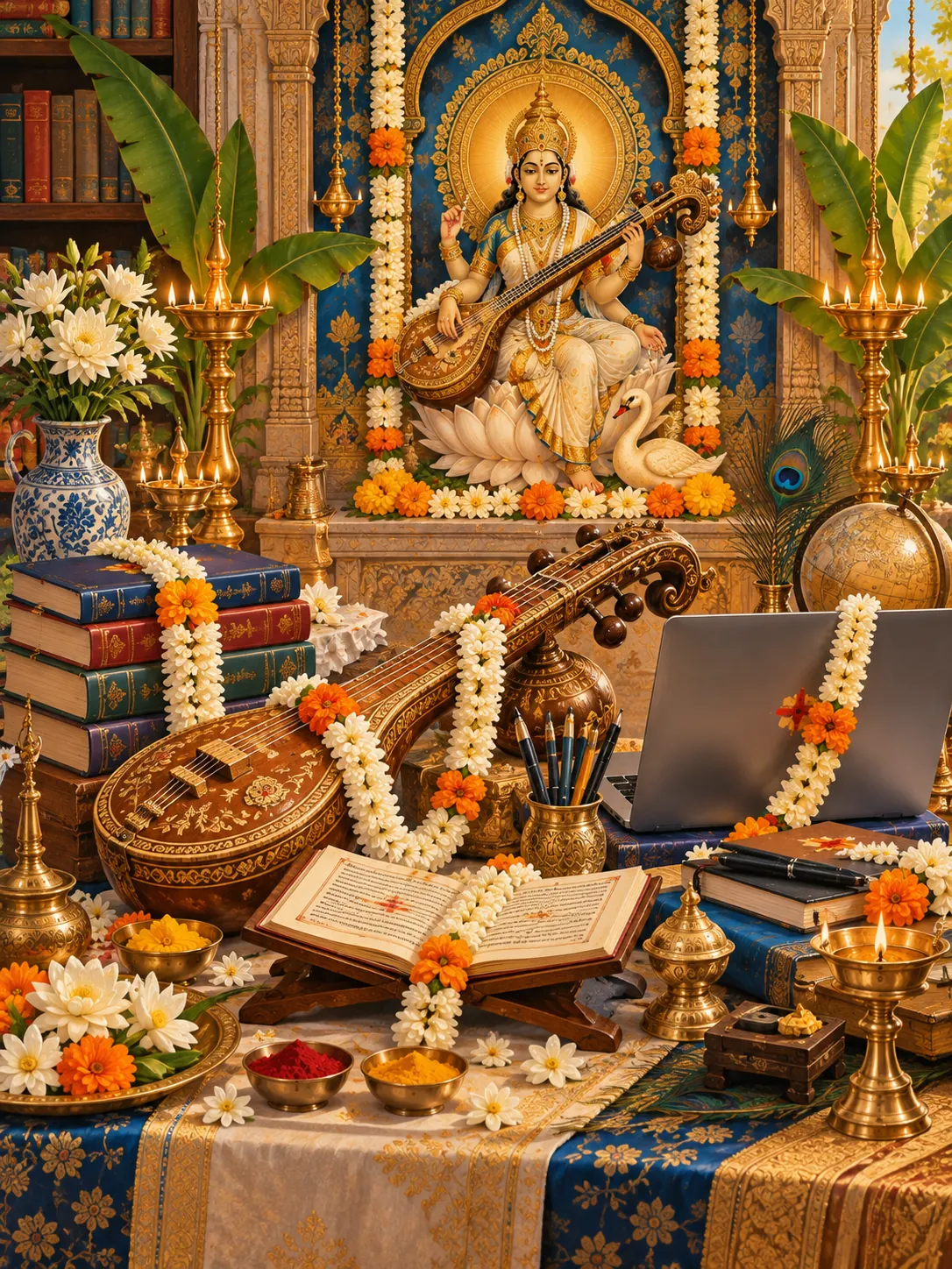 Saraswati's Sacred Study Shrine wall tapestry artwork