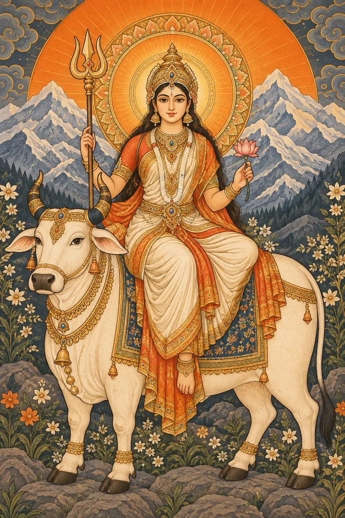 Shailaputri Goddess with Sacred Bull wall tapestry artwork