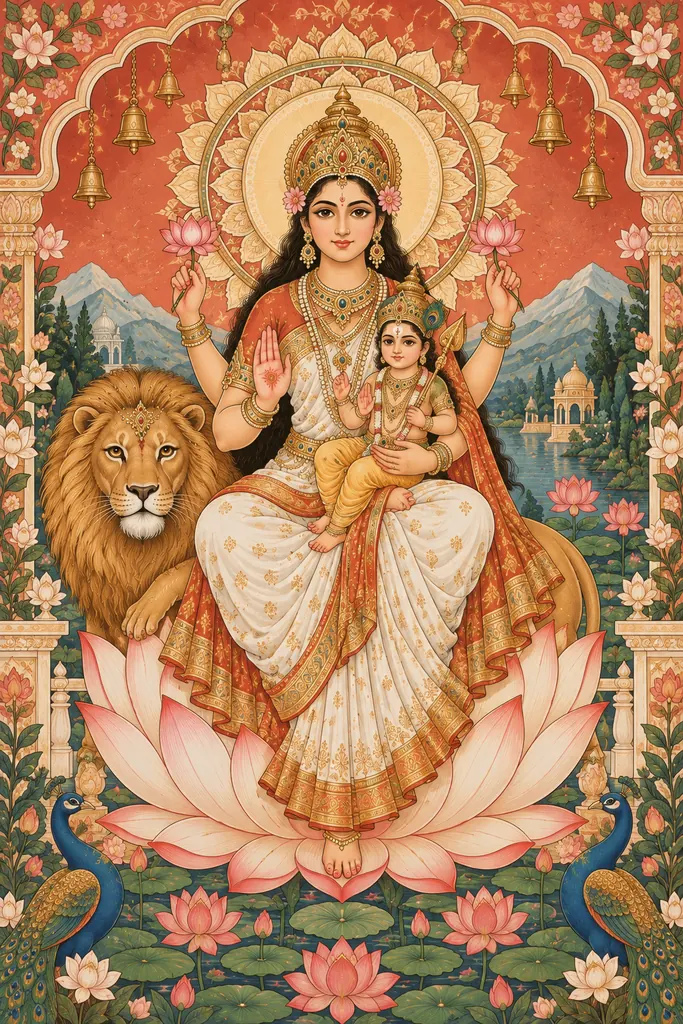 Skandamata in an Ornate Lotus Temple wall tapestry artwork