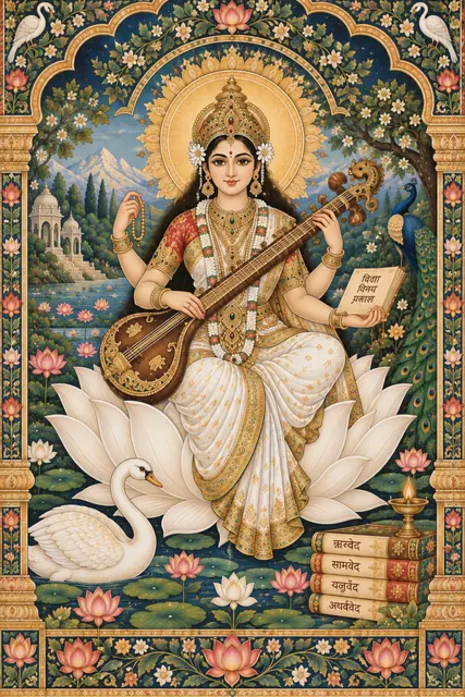 Saraswati in a Sacred Lotus Garden