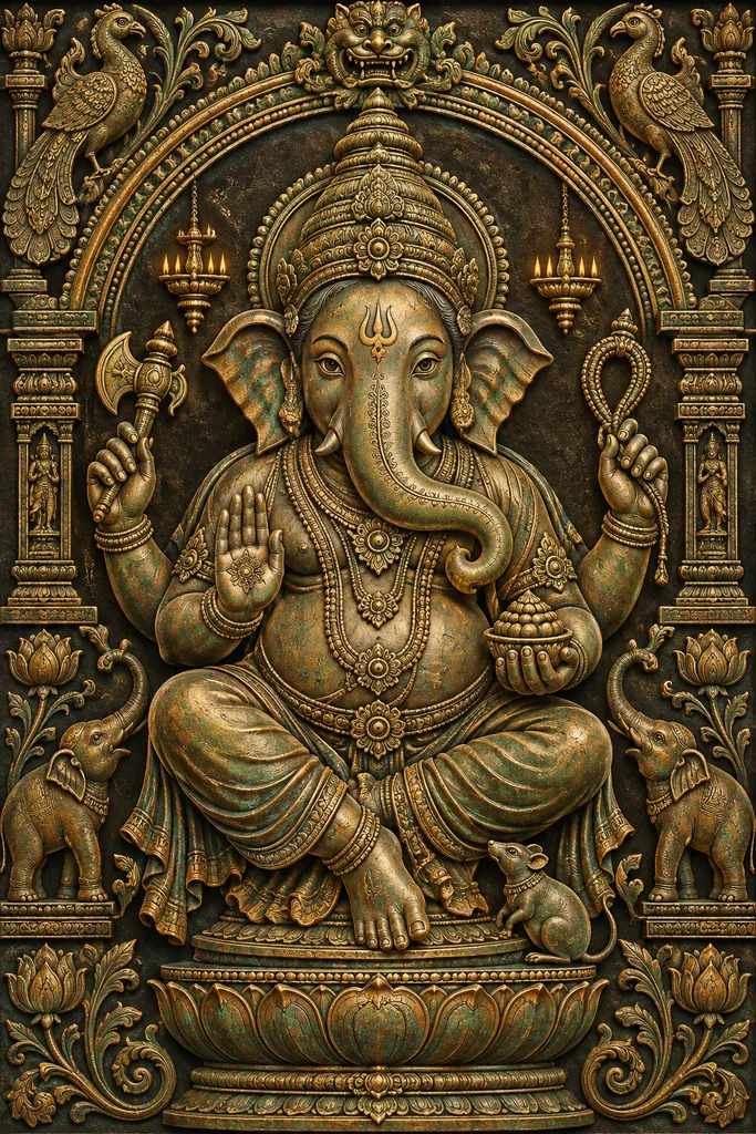 Antique Bronze Ganesha Temple Relief wall tapestry artwork