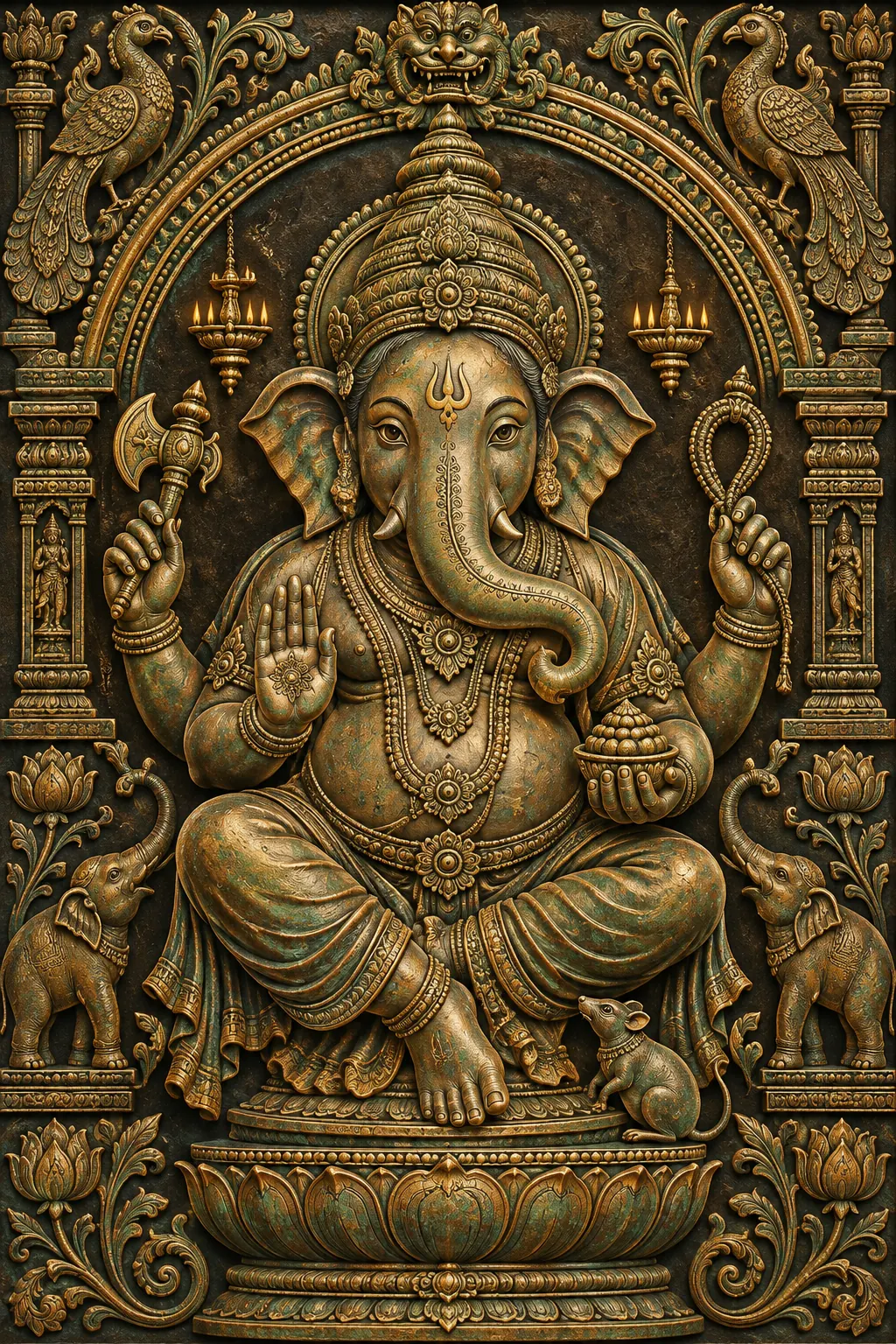 Antique Bronze Ganesha Temple Relief wall tapestry artwork