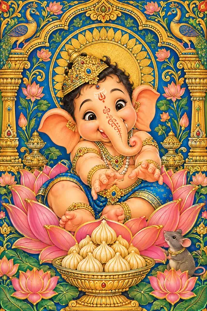 Baby Ganesha with Modaks on Lotus