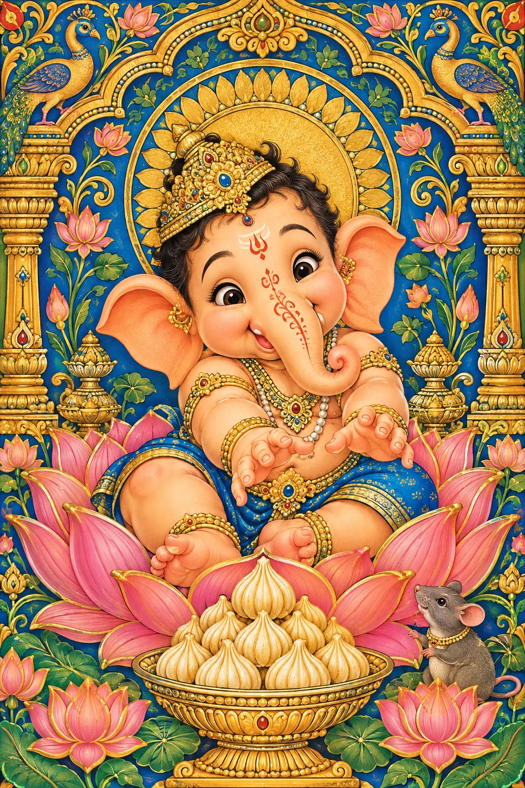 Baby Ganesha with Modaks on Lotus wall tapestry artwork