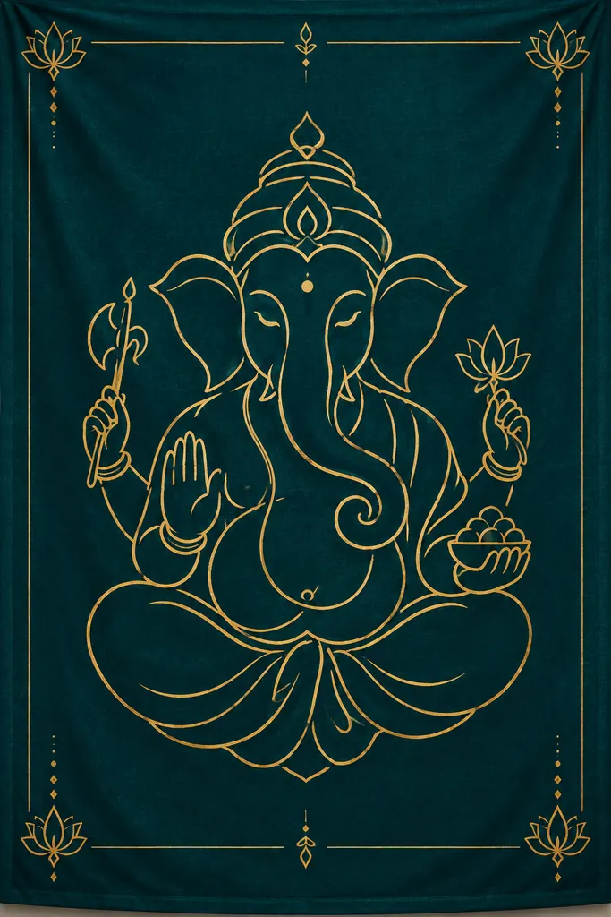 Golden Ganesha on Teal Tapestry wall tapestry artwork
