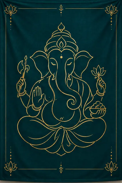 Golden Ganesha on Teal Tapestry