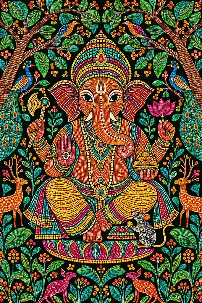 Gond-Style Ganesha Forest Mural wall tapestry artwork