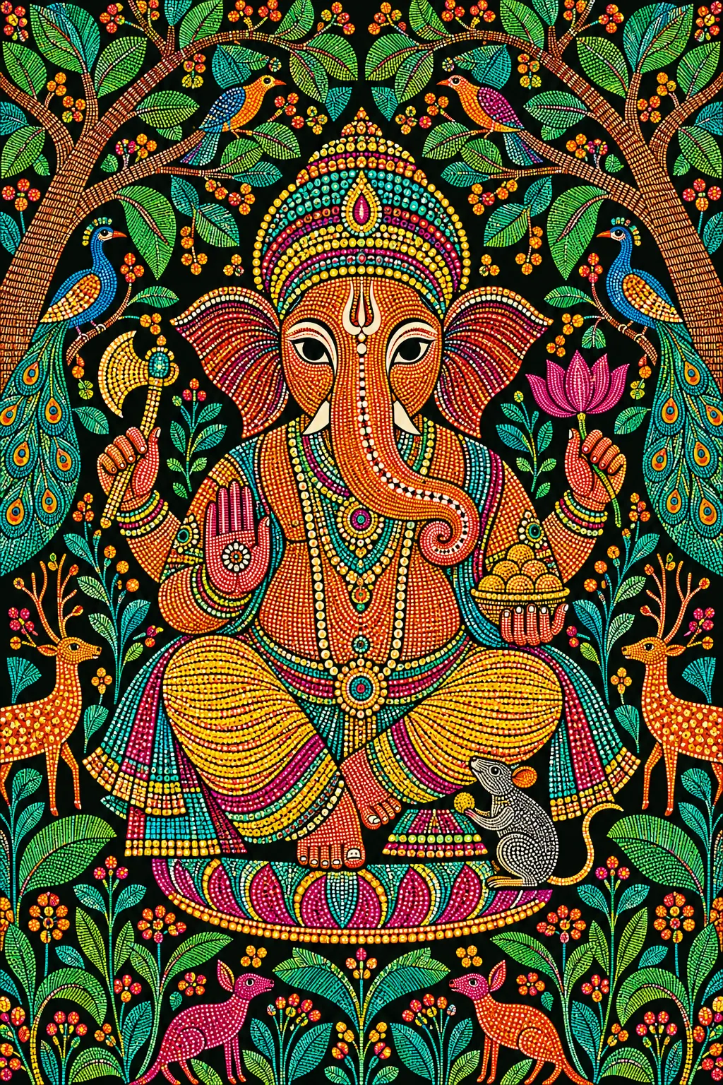Gond-Style Ganesha Forest Mural wall tapestry artwork