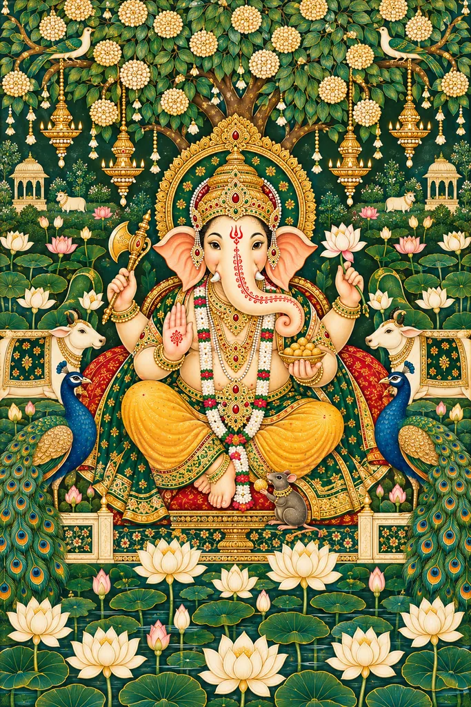 Ornate Ganesha in a Lotus Garden wall tapestry artwork