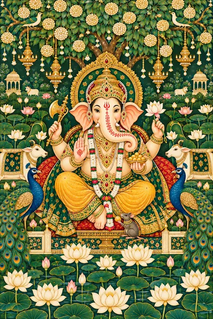 Ornate Ganesha in a Lotus Garden