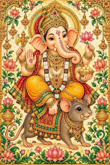 Ornate Ganesha on a Decorated Mouse