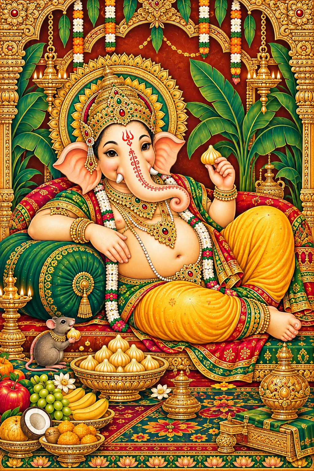 Ornate Ganesha Shrine with Offerings wall tapestry artwork