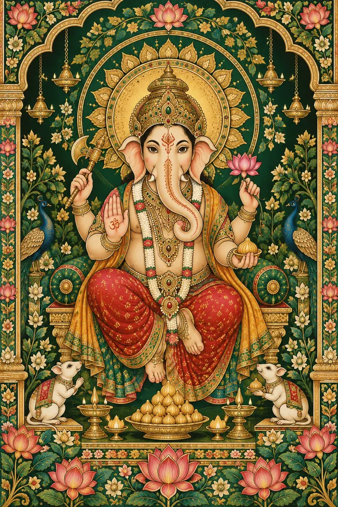 Ornate Ganesha Temple with Peacocks and Offerings wall tapestry artwork