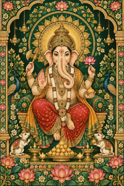 Ornate Ganesha Temple with Peacocks and Offerings