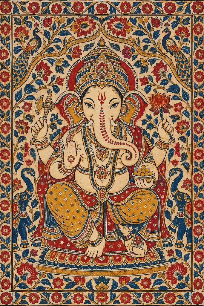 Ornate Kalamkari Ganesha Tapestry wall tapestry artwork