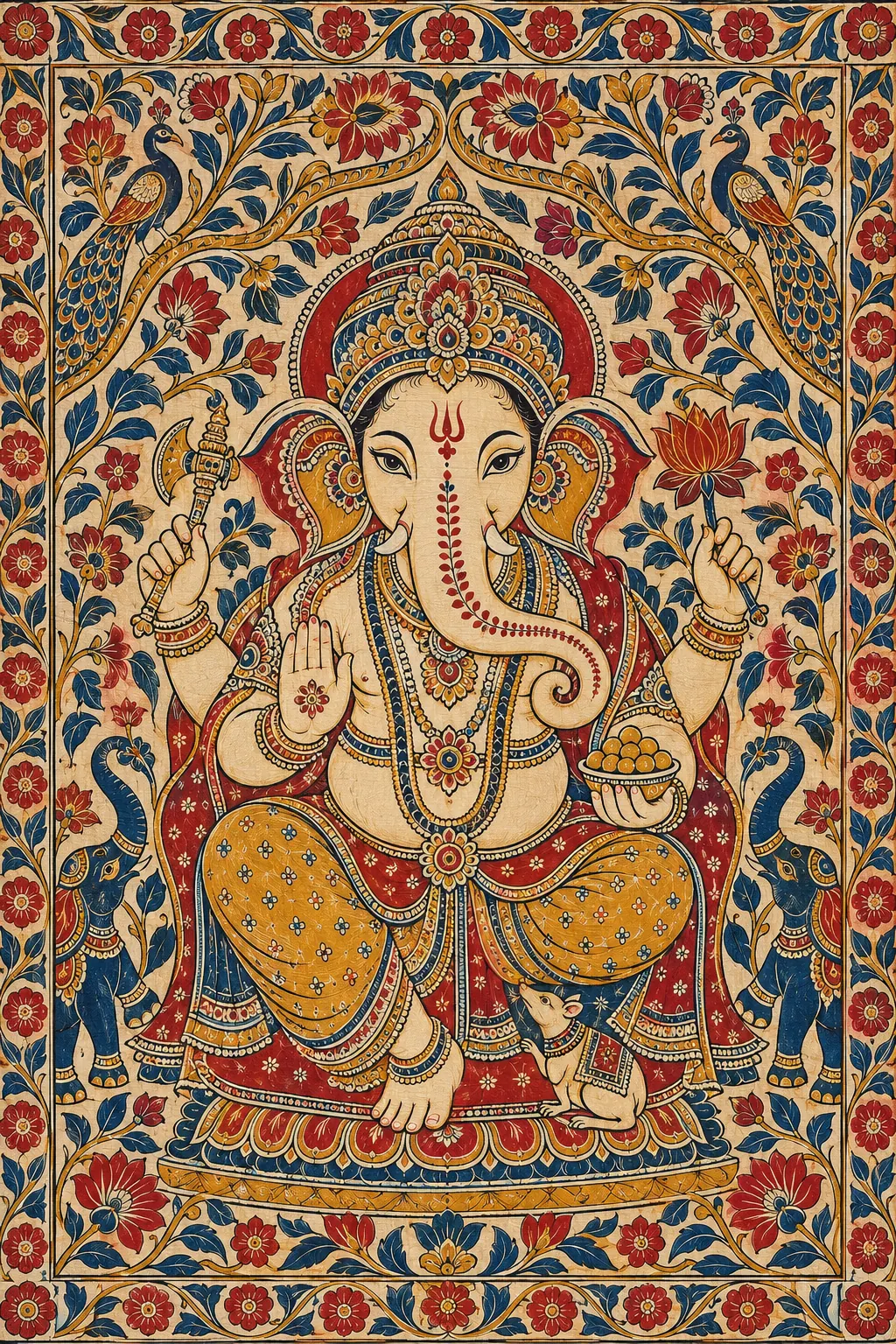 Ornate Kalamkari Ganesha Tapestry wall tapestry artwork