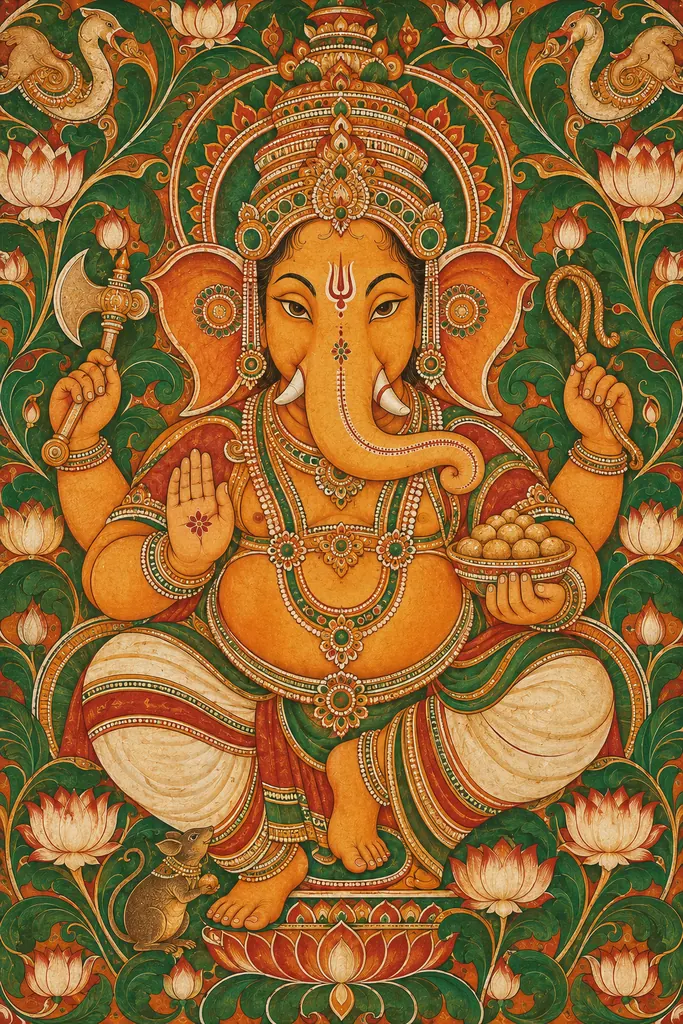 Ornate Kerala Mural Ganesha with Lotuses wall tapestry artwork