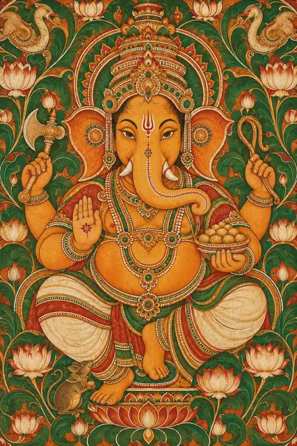 Ornate Kerala Mural Ganesha with Lotuses