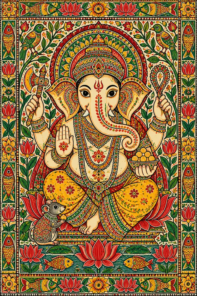 Ornate Madhubani Ganesha Folk Painting wall tapestry artwork