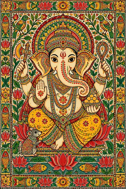 Ornate Madhubani Ganesha Folk Painting