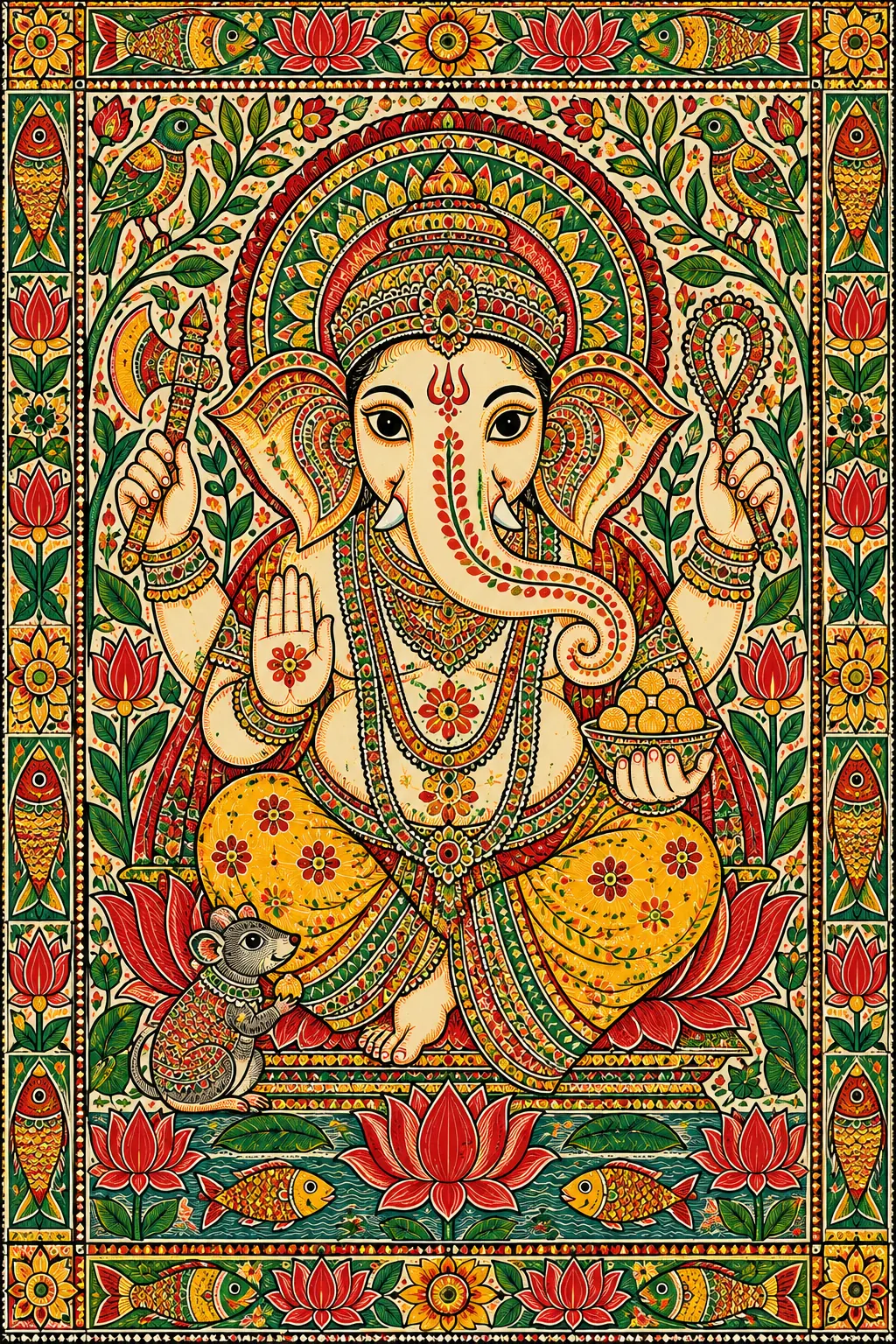 Ornate Madhubani Ganesha Folk Painting wall tapestry artwork
