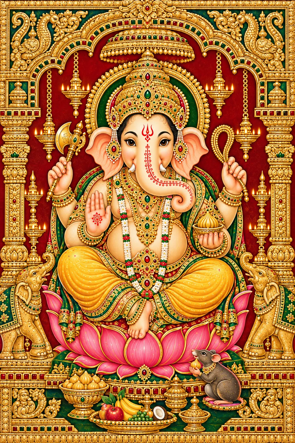 Ornate Tanjore Ganesha Shrine wall tapestry artwork