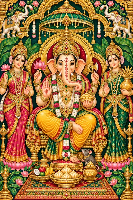 Tanjore-Style Ganesha with Riddhi and Siddhi