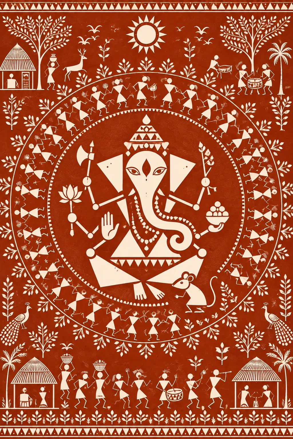 Warli Ganesha Mandala on Terracotta wall tapestry artwork