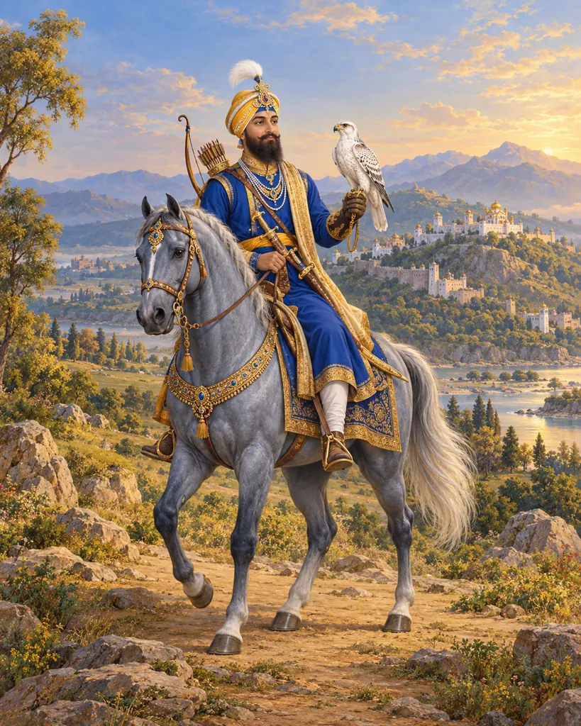 Guru Gobind Singh Ji with His Falcon wall tapestry artwork